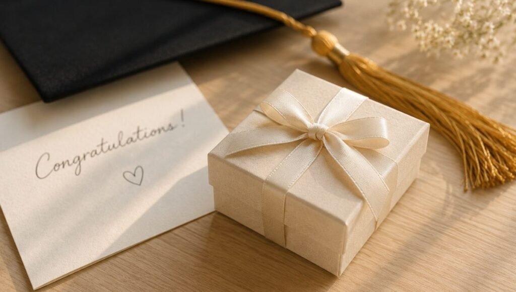 graduation gift presentation — cream jewelry box with ivory ribbon handwritten congratulations card and gold graduation tassel