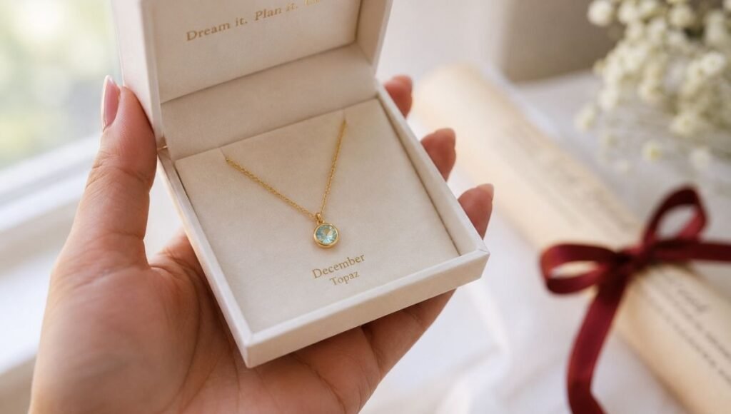 graduation gifts for her — woman holding open jewelry gift box with gold birthstone necklace with diploma softly in background