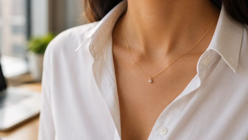 graduation jewelry gift for her career — delicate gold pendant necklace worn with white button-down shirt for professional setting