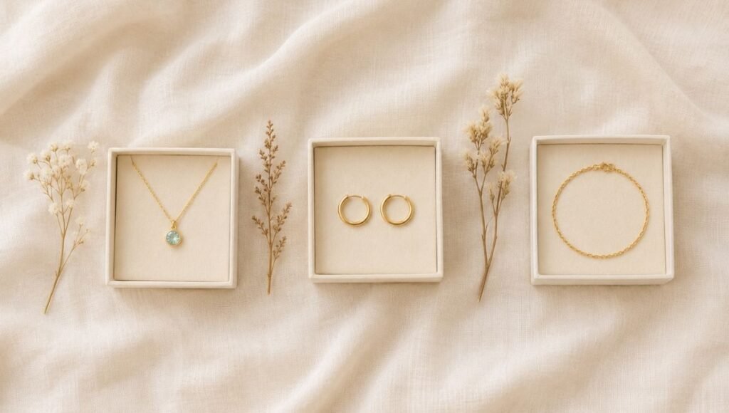 graduation jewelry gifts by level — birthstone necklace for high school gold hoops for college and solid gold bracelet for graduate school