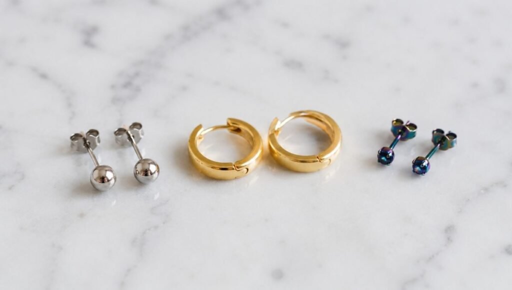 hypoallergenic earring materials comparison — implant grade titanium studs solid 14k gold hoops and niobium earrings flat lay