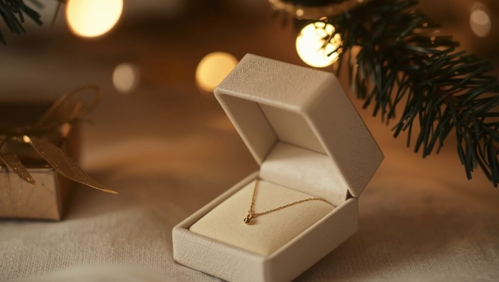 jewelry Christmas gifts — cream velvet gift box with delicate gold necklace placed under softly lit Christmas tree