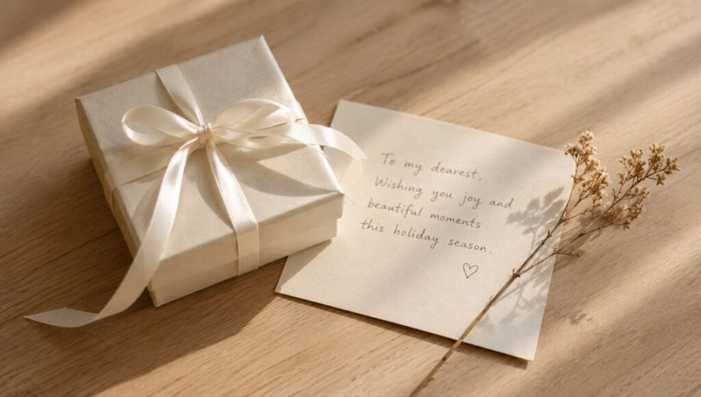 jewelry gift box for holiday occasion — cream gift box with ivory ribbon handwritten card and dried flower sprig