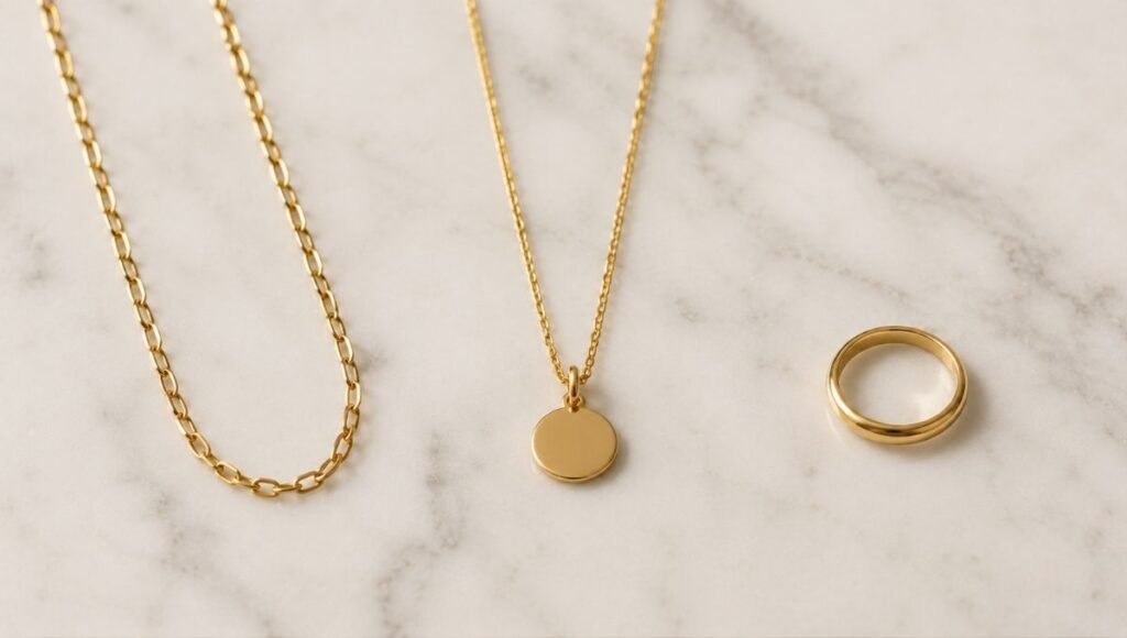 jewelry gift budget tiers — gold plated necklace gold vermeil pendant and solid 14k gold ring showing different price points