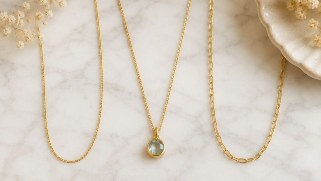 jewelry gift budget tiers for women — gold plated chain gold vermeil pendant and solid 14k gold chain showing different price points