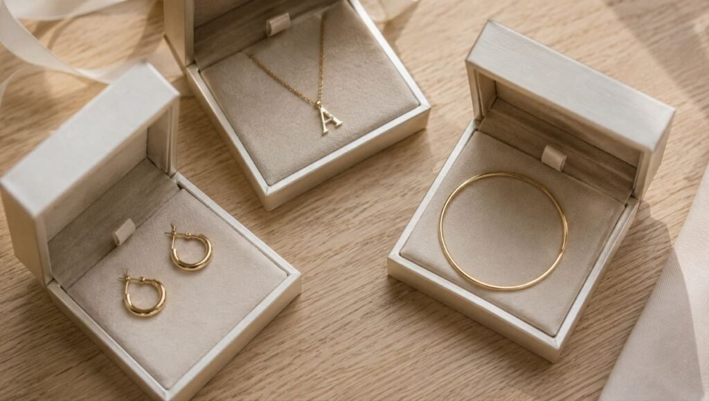 jewelry gift ideas by relationship — three open gift boxes with gold initial necklace hoop earrings and bangle bracelet