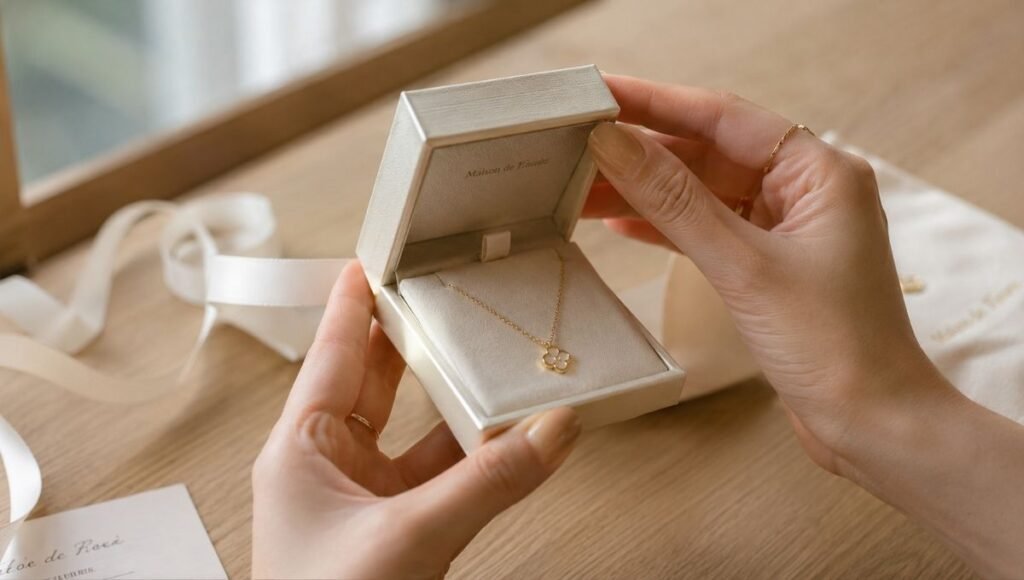 jewelry gift ideas — woman's hands opening cream jewelry gift box revealing delicate gold necklace inside