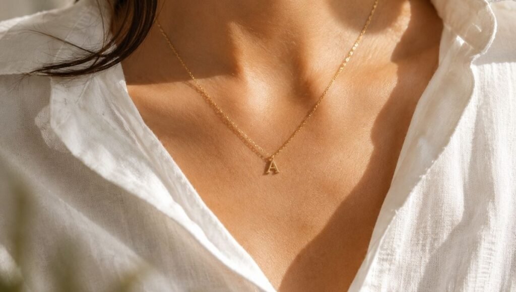 jewelry gift for women worn daily — delicate gold pendant necklace worn with white linen shirt suggesting everyday meaningful piece