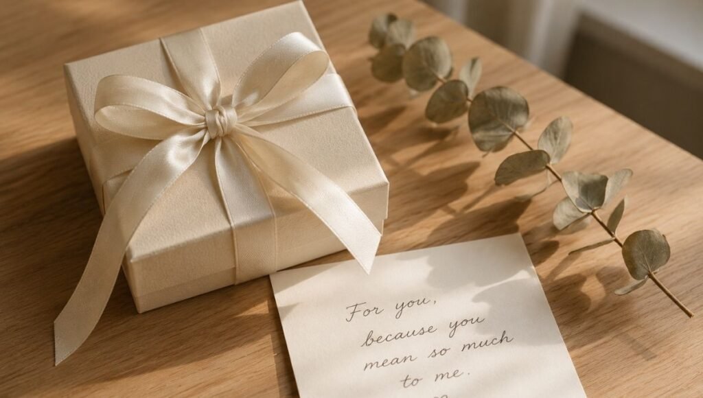 jewelry gift presentation for women — cream gift box with ivory ribbon handwritten card and dried eucalyptus in warm natural light