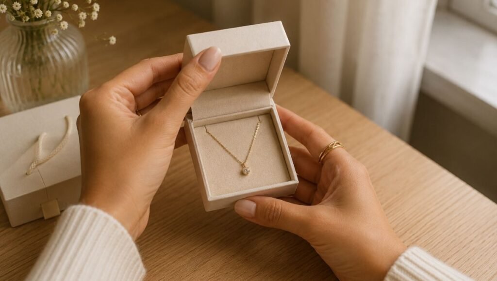 jewelry gifts for women — woman's hands opening cream gift box with delicate gold necklace in soft natural light