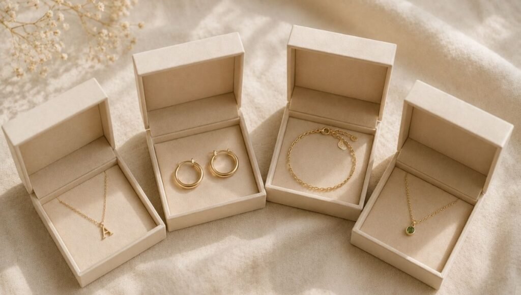 jewelry gifts for women by relationship — four open gift boxes with gold initial necklace hoops chain bracelet and birthstone pendant