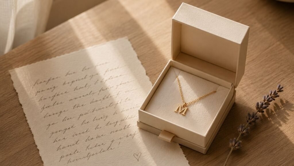 meaningful gift presentation — cream jewelry box with gold initial necklace beside handwritten personal note card and dried lavender