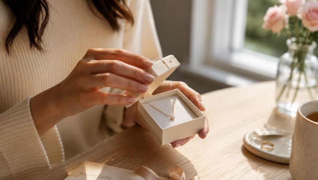 meaningful gifts for her — woman's hands gently opening cream jewelry gift box in soft natural light intimate mood