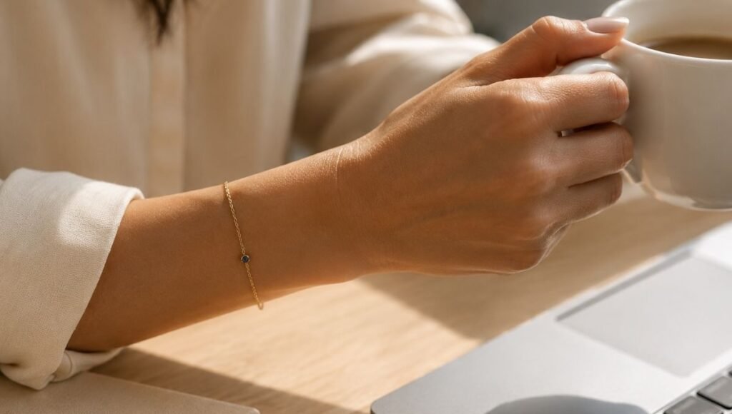 meaningful jewelry gift worn daily — delicate gold chain bracelet on woman's wrist holding coffee cup at morning desk