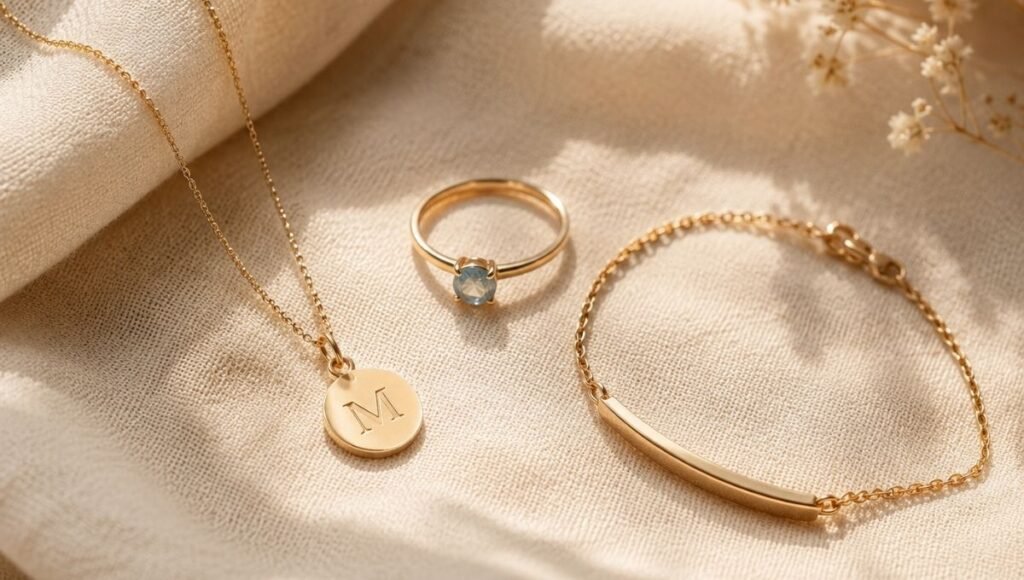 meaningful jewelry gifts flat lay — gold initial necklace birthstone ring and engraved bracelet showing personalized gift options