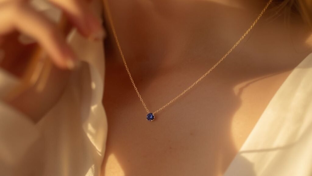 personalized Christmas jewelry gift — delicate gold necklace with tiny tanzanite birthstone pendant held in woman's hand