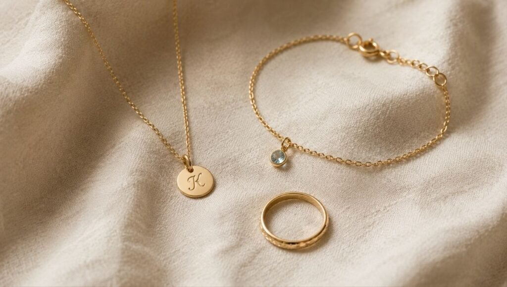 personalized jewelry gift ideas — engraved initial necklace birthstone bracelet charm and engraved thin ring on cream linen
