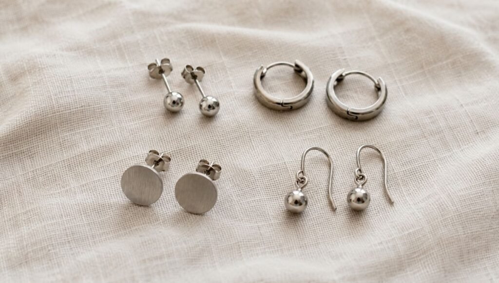 titanium earring styles for sensitive ears — ball studs hoop earrings disc earrings and drop earrings in implant grade titanium