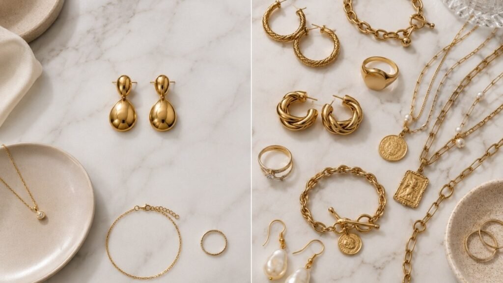 accessorizing one focal piece rule — comparison of single bold drop earrings looking intentional versus multiple statement pieces looking cluttered