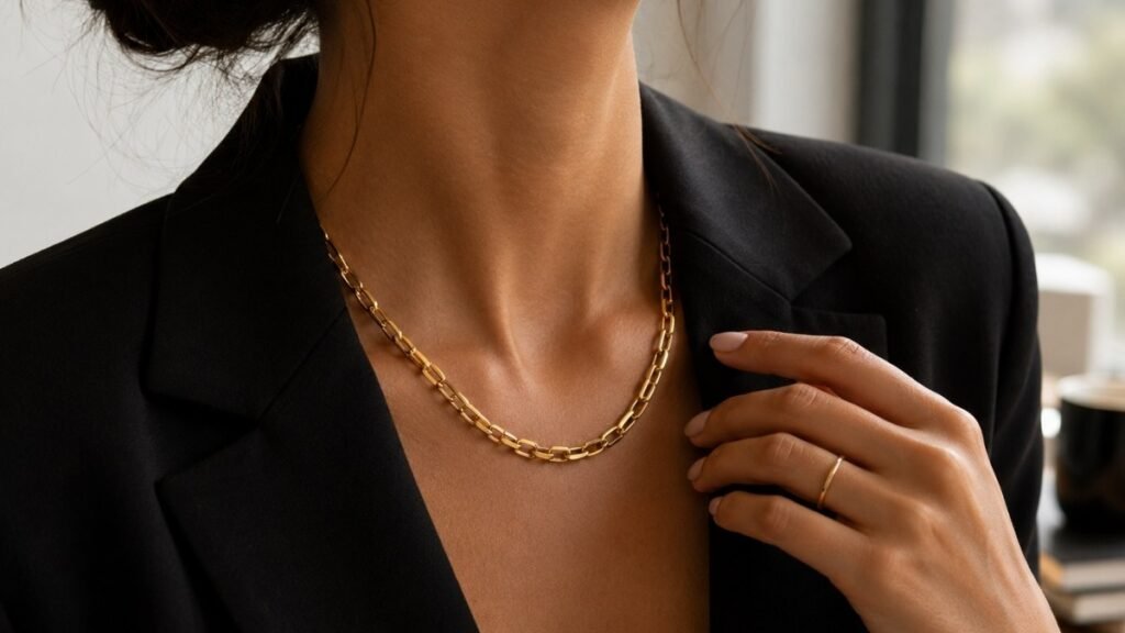 complete accessorized outfit — chunky gold chain necklace with black blazer small stud earrings and thin gold ring showing fully styled professional look