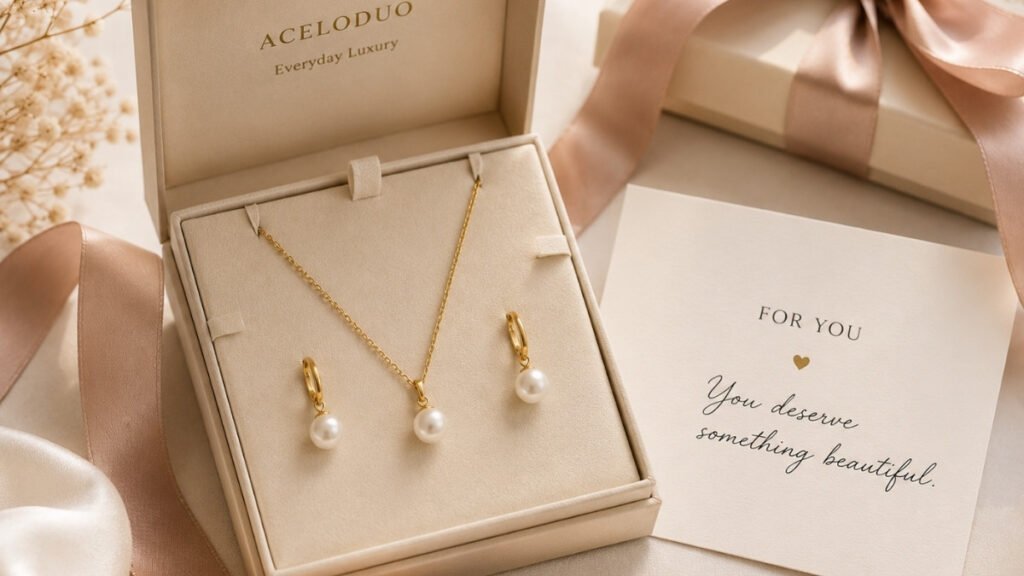 Demi-fine jewelry gift set with necklace and pearl earrings in a premium gift box