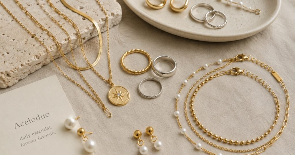 Collection of demi-fine jewelry including gold vermeil necklaces, sterling silver rings, and pearl earrings