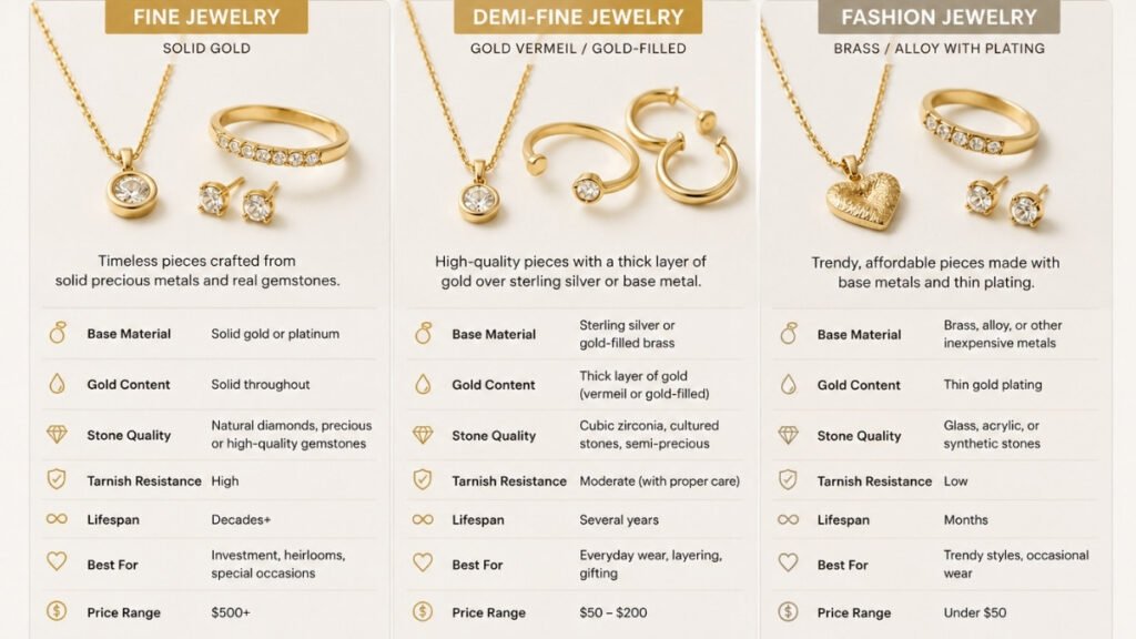 Comparison of fine jewelry, demi-fine jewelry, and fashion jewelry