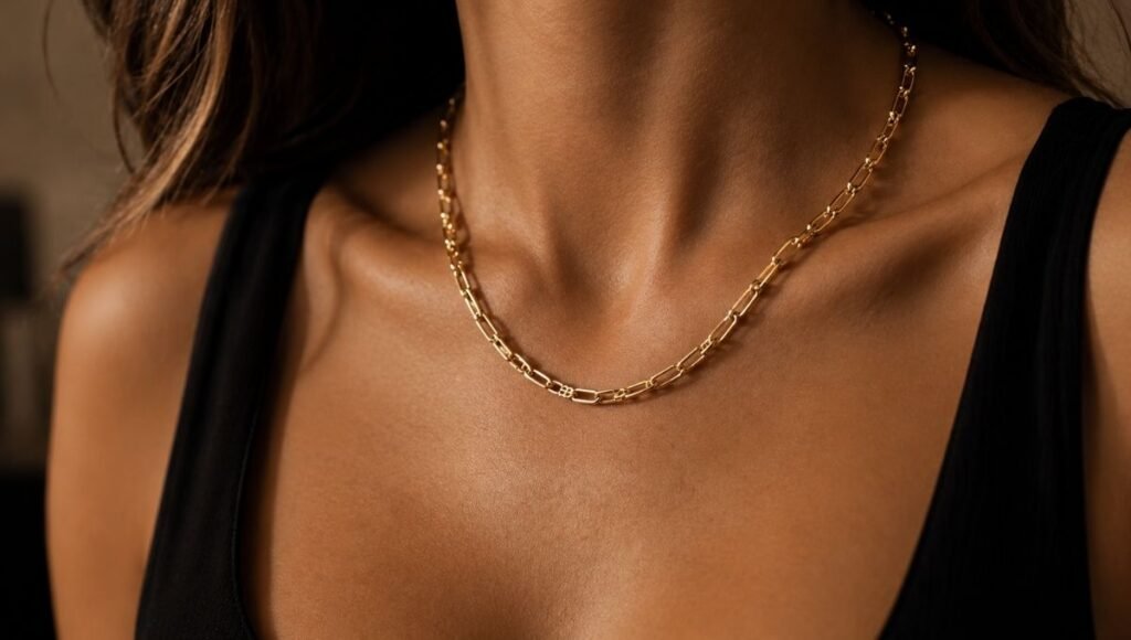 gold jewelry with little black dress — warm gold chain necklace creating striking contrast against black sleeveless dress