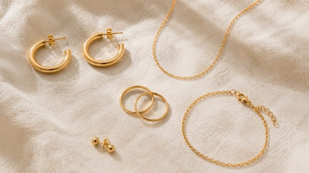 everyday jewelry capsule five essential pieces — gold hoops thin chain necklace stackable rings slim bracelet and stud earrings forming complete foundation