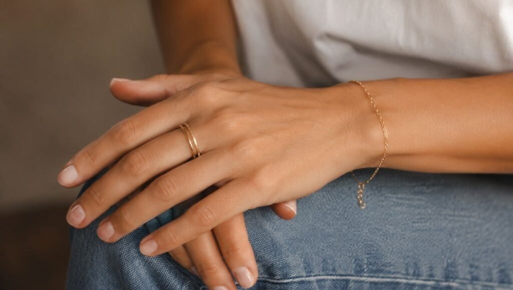 jewelry for casual outfits with jeans — thin gold ring stack and delicate chain bracelet on woman's wrist wearing denim