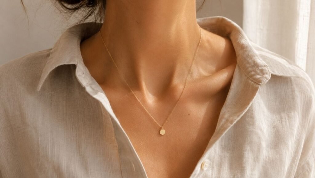 jewelry for casual outfits with linen shirt — small gold geometric pendant necklace following open collar V neckline naturally