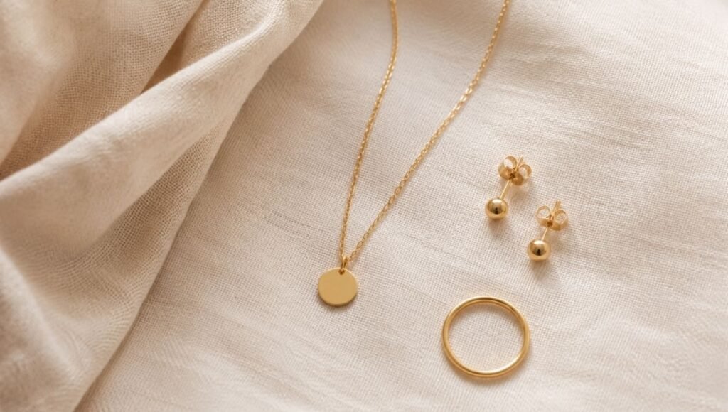 jewelry for casual outfits one focal piece principle — pendant necklace as focus with small stud earrings and thin ring as supporting pieces