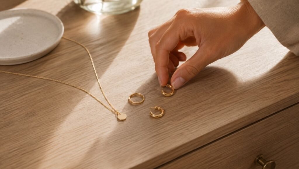 替代文本:quick casual outfit jewelry styling — small gold hoops thin chain necklace and simple ring laid out ready to wear in morning light