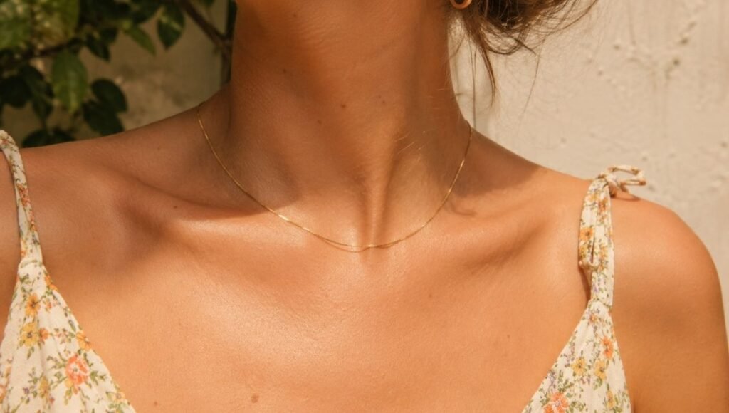jewelry for floral sundress — thin plain gold chain necklace and small gold hoops complementing floral summer dress