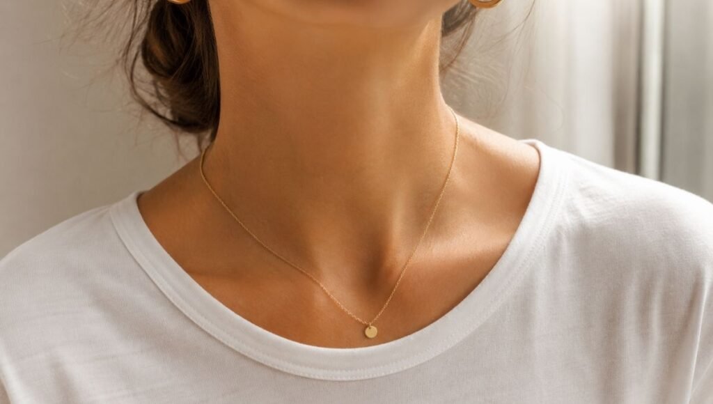 jewelry for casual outfits — thin gold chain necklace with disc pendant on white t-shirt with small gold hoops, effortless styling