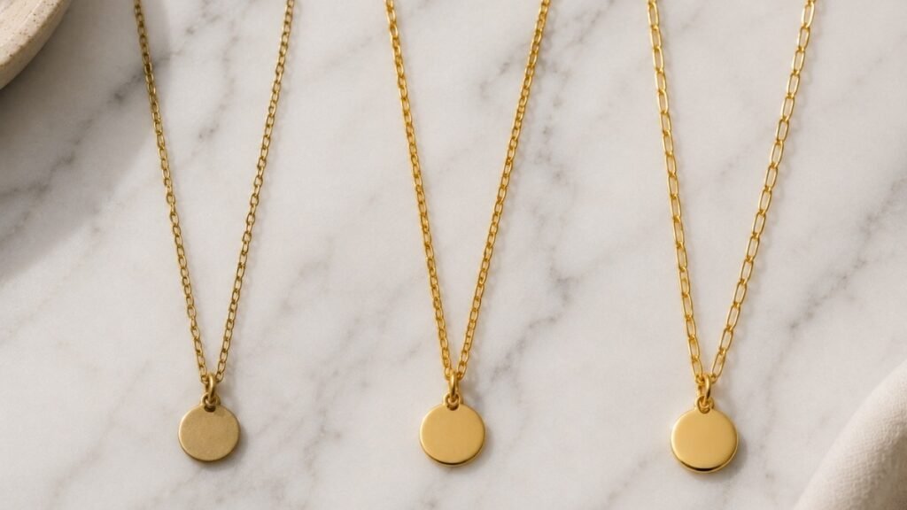 jewelry materials comparison for accessorizing — standard gold plated gold vermeil and gold filled chains showing quality and finish differences