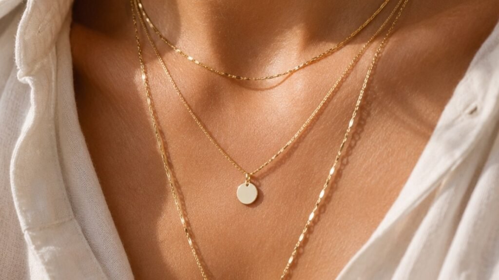 layering thin gold chains to create statement jewelry look — three necklaces at different lengths creating visual richness with simple pieces