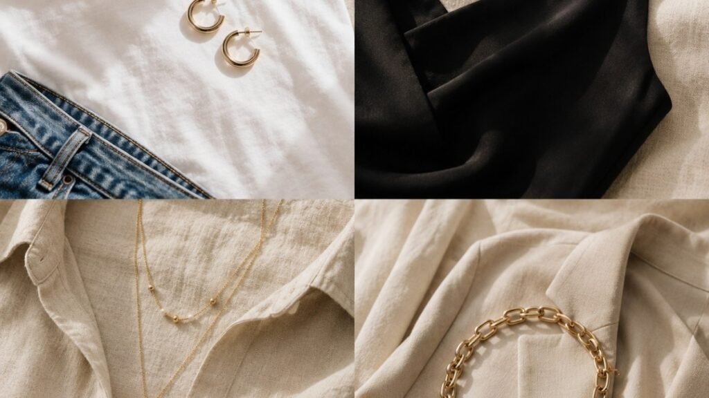 outfit accessorizing combinations — four fabric and jewelry pairings showing white tee with hoops black dress with pearls linen with chains and blazer with chunky necklace