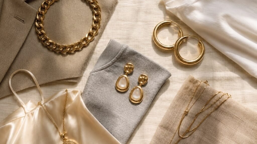 statement jewelry everyday outfit scenarios — five bold pieces paired with blazer white tee sweatshirt slip dress and linen shirt fabric swatches