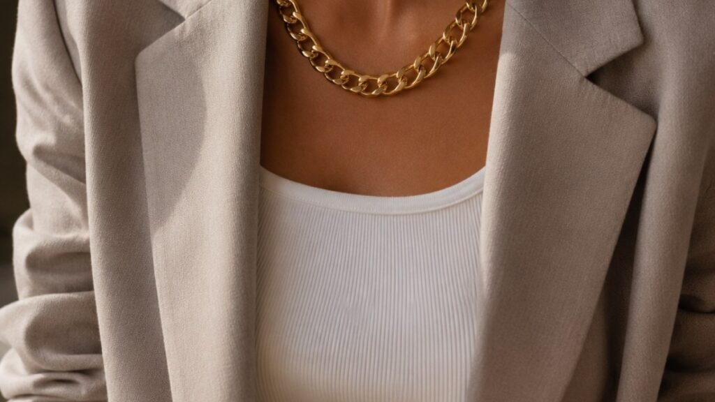 statement jewelry for office — chunky gold chain necklace worn with blazer and tank top showing bold jewelry in professional setting