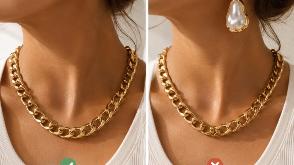 statement jewelry one focal piece rule — comparison of one bold necklace looking intentional versus necklace plus earrings looking cluttered