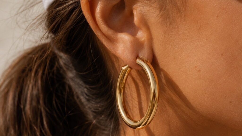 statement jewelry for weekend — oversized gold hoop earrings with baseball cap showing bold jewelry in casual everyday styling