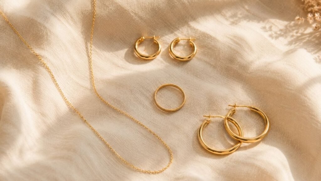 summer jewelry capsule collection — thin gold chain necklace small hoops plain ring and larger evening hoops complete summer jewelry wardrobe