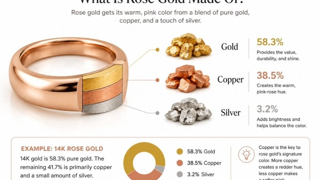 Diagram explaining how gold, copper, and silver combine to create rose gold jewelry.