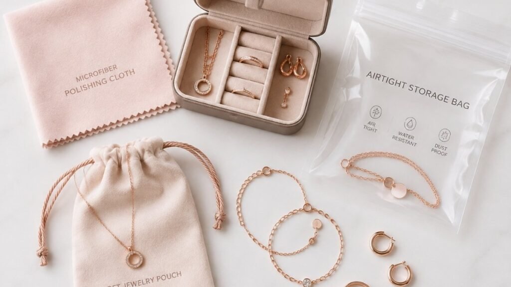 Rose gold jewelry mixed with yellow gold and silver for a balanced layered look.