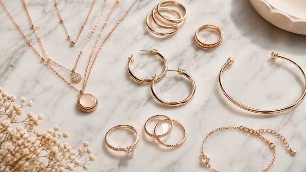 Elegant rose gold jewelry collection featuring necklaces, rings, earrings, and bracelets.