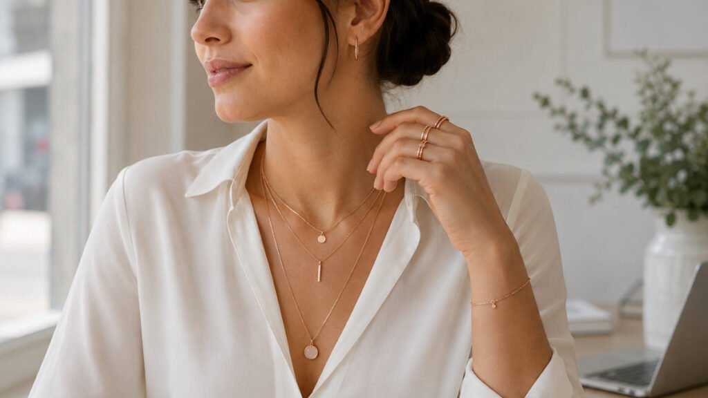 Everyday styling with layered rose gold necklaces and minimalist jewelry.