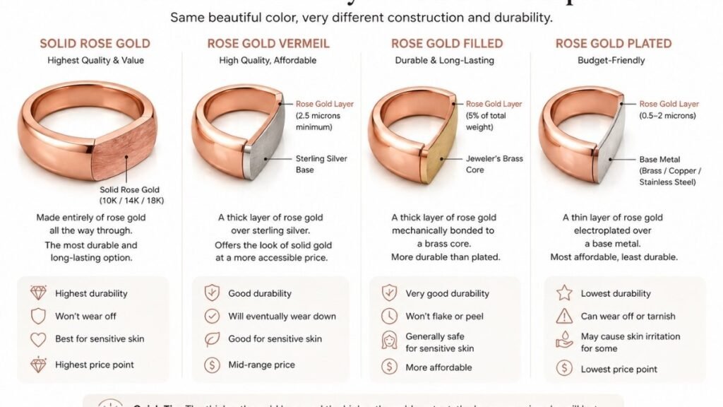 Cross-section showing the differences between solid rose gold, vermeil, filled, and plated jewelry.