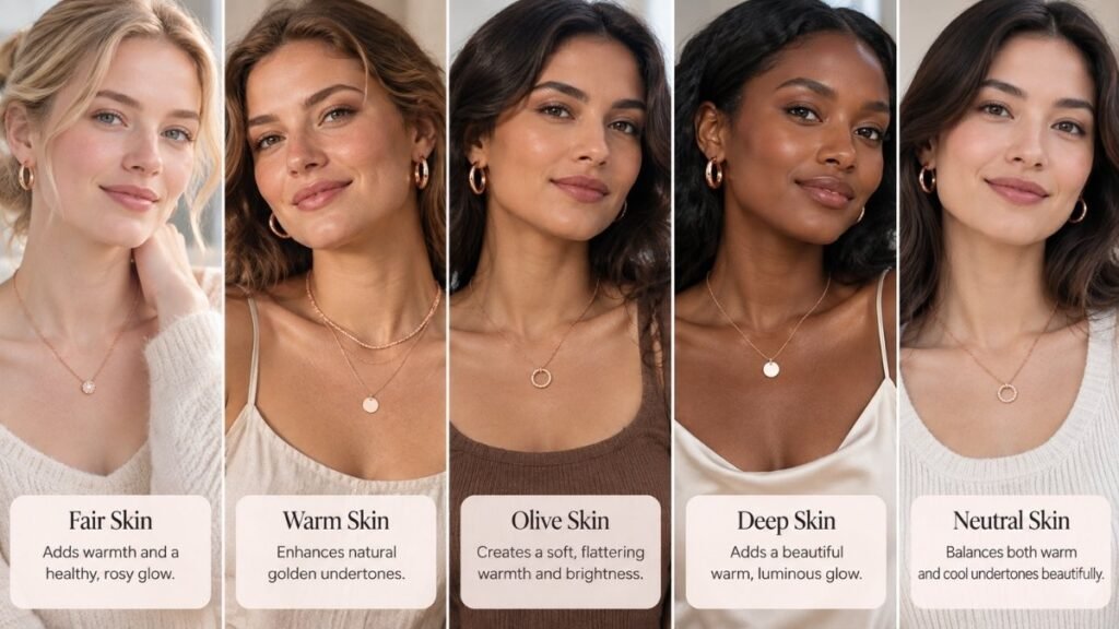 Rose gold jewelry worn on different skin tones to illustrate color compatibility.