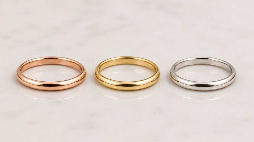 Comparison of rose gold, yellow gold, and white gold jewelry colors.